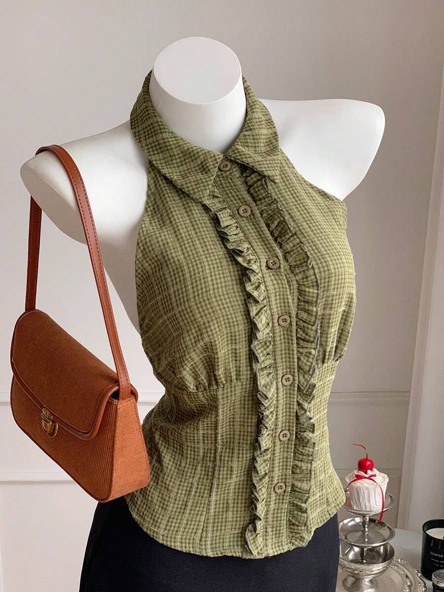 Comfortcana 女士格子荷叶边单排扣吊带衬衫，新年女装，波点绿色连衣裙 - 軍綠色 - 查看 1