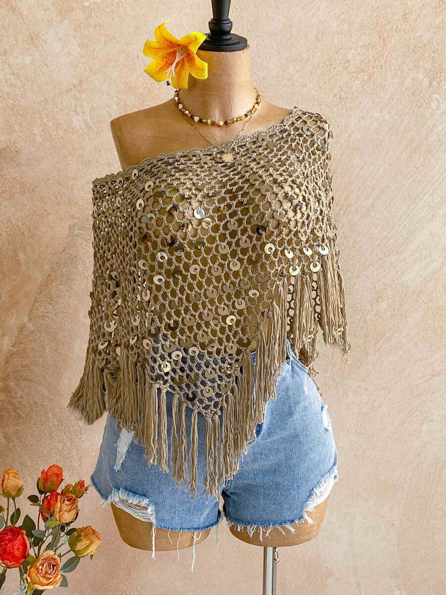 Soleia 女士性感沙滩度假钩针镂空亮片流苏下摆露背透视针织衫 - 彩色 - 查看 1