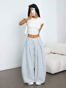 SHEIN PETITE Quần dài nữ mùa hè kiểu vintage, phong cách hippie, dáng rộng, màu xanh rêu quân đội. - Màu xanh lam - Xem 6