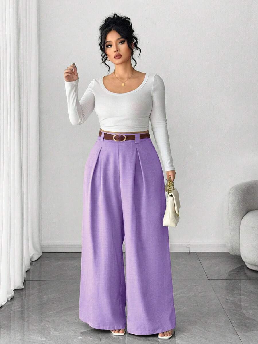 Elenzga Pantalones para mujer de talla grande, unicolor albaricoque, estilo elegante, de moda para ir al trabajo y la oficina - Morado - Ver 1