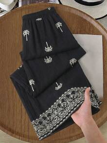 EMERY ROSE Women's Vacation Palm Tree Pattern Pocket Wide Leg Pants - Black - View 3