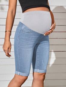 SHEIN Maternity Solid Color Casual Denim Shorts - Light Wash - View 6