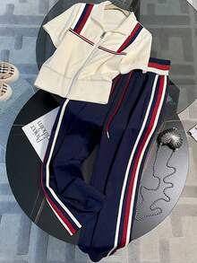 SHEIN Loose Lapel Raglan Short Sleeve Cardigan Top + Slant Pocket Straight Leg Pants - Multicolor - View 3