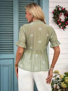 Louniche 女士休闲度假仿刺绣V领荷叶边花瓣袖衬衫 - 綠色 - 查看 2