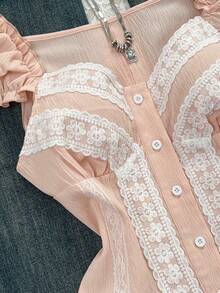 Elamini Women's Summer Keyhole Neck Cap Sleeve Contrast Lace Slim Fit Blouse - Pink - View 3