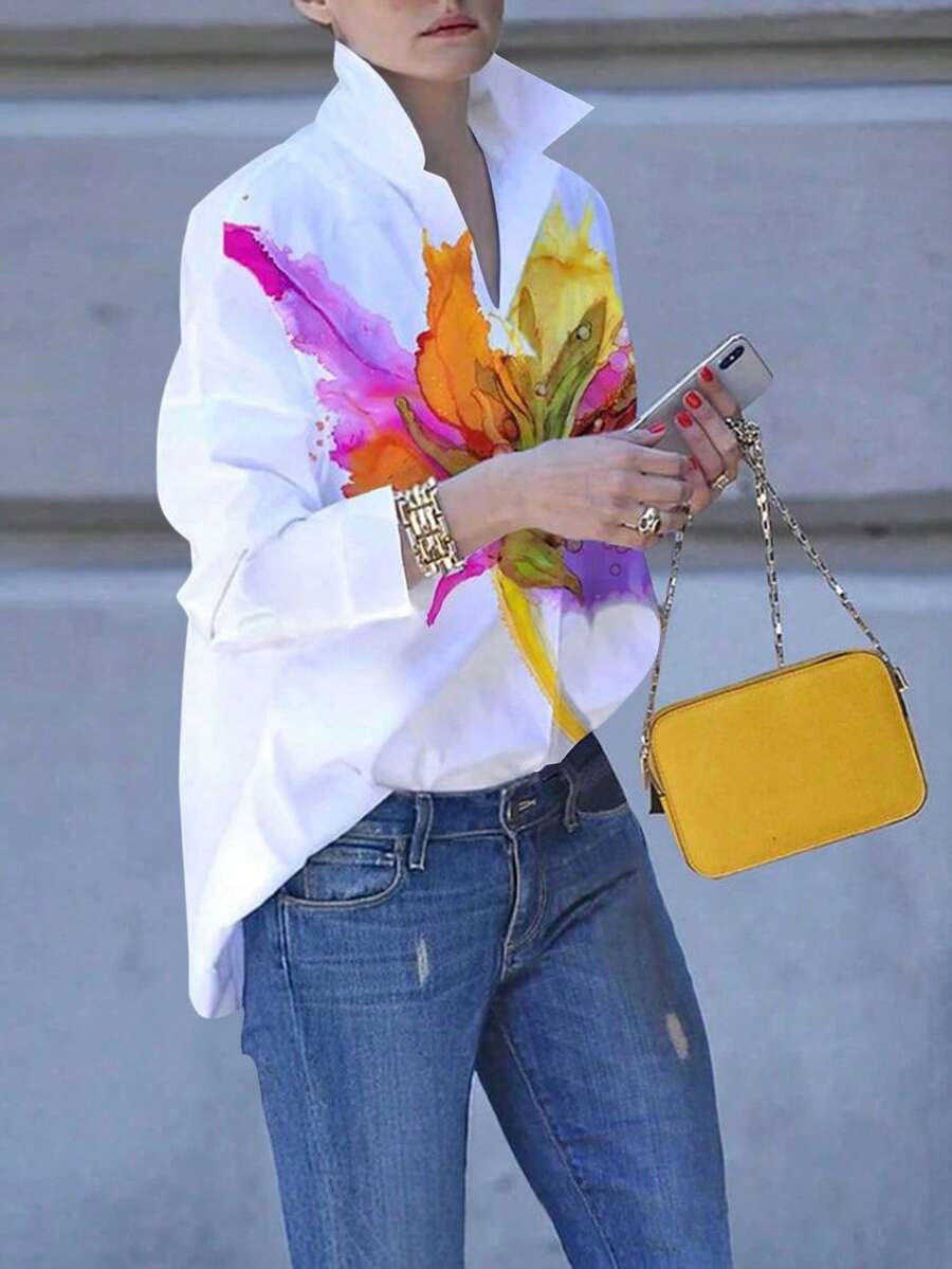 SHEIN LUNE 女士休闲印花前扣落肩衬衫，秋季款 - 彩色 - 查看 1