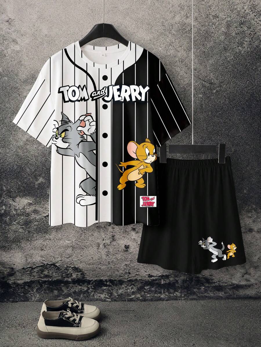 TOM & JERRY X SHEIN 青少年男孩条纹字母卡通印花圆领短袖T恤和短裤休闲日常穿搭 - 白色 - 查看 1