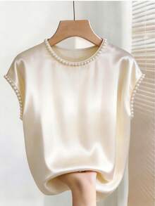 GlowEve 女士时尚优雅通勤风纯色串珠工艺圆领落肩宽松套头T恤 - 杏色 - 查看 4