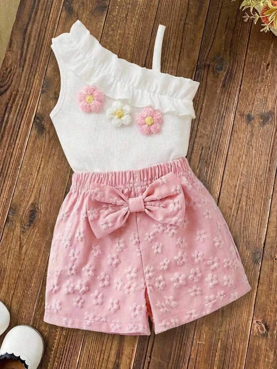 SHEIN طقم بنطلون قصير وكامسول مزخرف بالزهور لطفلة 2 قطعة - متعدد الألوان - مشاهدة 1