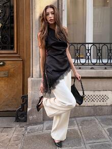 SHEIN PariChic [Black Satin Halter Top With Draped Texture]French Lace-Embellished Open-Back Style – Asymmetrical Slanted Hem & Eyelash Lace Trimming, A Sexy Sleeveless Camisole Boasting Minimalist Design, Lustrous Finish, And Luxe Appeal, Perfect For Layering Or Standalone Wear - Black - View 3