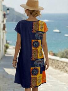 EMERY ROSE Casual Minimalist Vacation Printed Women Short Dress - Multicolor - View 3