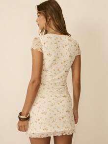 Aralina 女士夏季印花网纱V领短袖修身A字迷你连衣裙，可爱外出连衣裙，派对连衣裙，沙滩连衣裙，毕业典礼连衣裙，网纱迷你连衣裙，弹力舒适休闲日常连衣裙 - 彩色 - 查看 2