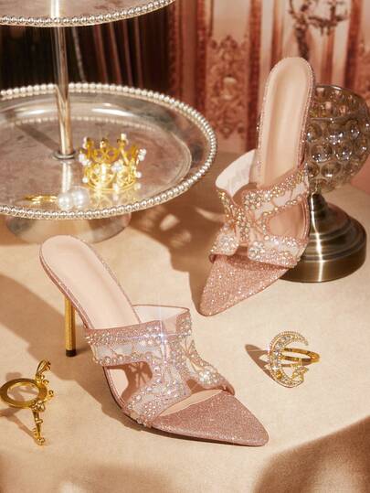 CUCCOO TILAWA Women's High Heel Sandals With Mesh Breathable Slip-On Design, Non-Slip Comfortable Sole, Sexy Stiletto Heel With Rhinestone Decor, Suitable For Parties, Galas And Formal Occasions