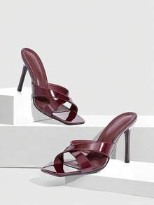 CUCCOO SZL Burgundy Patent Leather Square Head Cross Strap Thin Heel Open Toe Drag, Workplace Commuting Dating Party Temperament Women's Shoes - Mirror burgundy - View 3