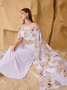Layrah Elegant Floral Decor Women's Cinched Waist Flattering Midi Dress - Mauve Purple - View 5
