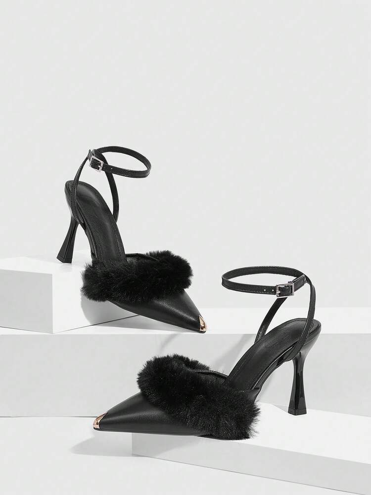 CUCCOO SZL Women's Faux Fur Pointed Toe High Heel Sandals With Ankle Strap