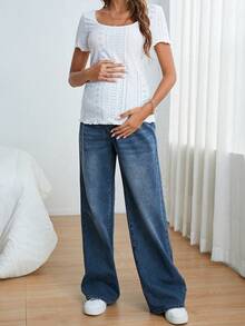 SHEIN Quần jean denim dáng rộng thoải mái cho bà bầu, thích hợp mặc hàng ngày. - Rửa trung bình - Xem 3