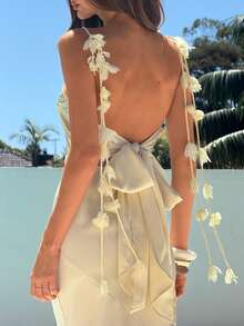 Aloruh 女士纯黄色垂褶领口花卉荷叶边露背修身连衣裙，适合婚礼、约会等场合 - 黃色 - 查看 8