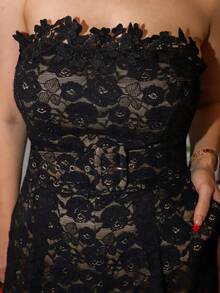 Gretanique 女士蕾丝花卉刺绣抹胸阔腿连体裤 - 黑色 - 查看 4