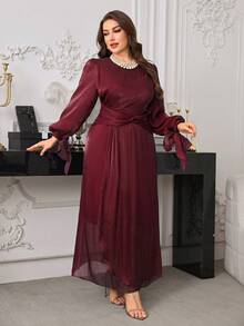 Modelyn Plus Size Women Elegant Spring/Autumn Long Organza Waist Cinched Long Formal Dress - Red - View 9