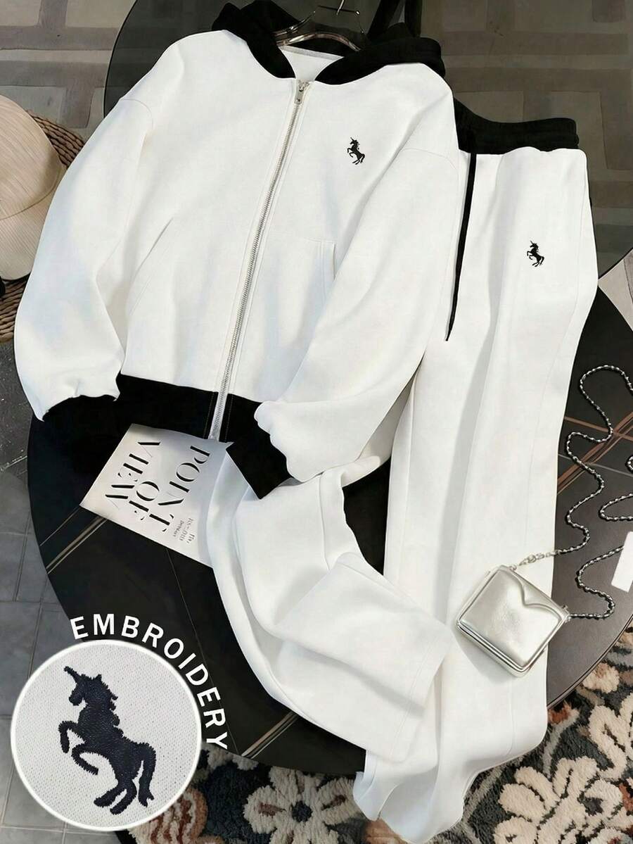 Resyla 2pcs Women Centaur Embroidered Hoodie Sweatshirt And Drawstring Wide Leg Pants Set - Multicolor - View 1