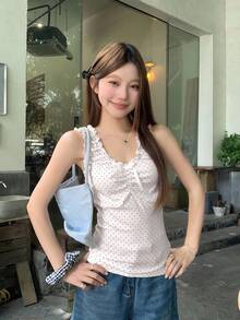 DAZY Women's Korean Style Polka Dot Elegant Sleeveless Bow Blouse - Apricot - View 5