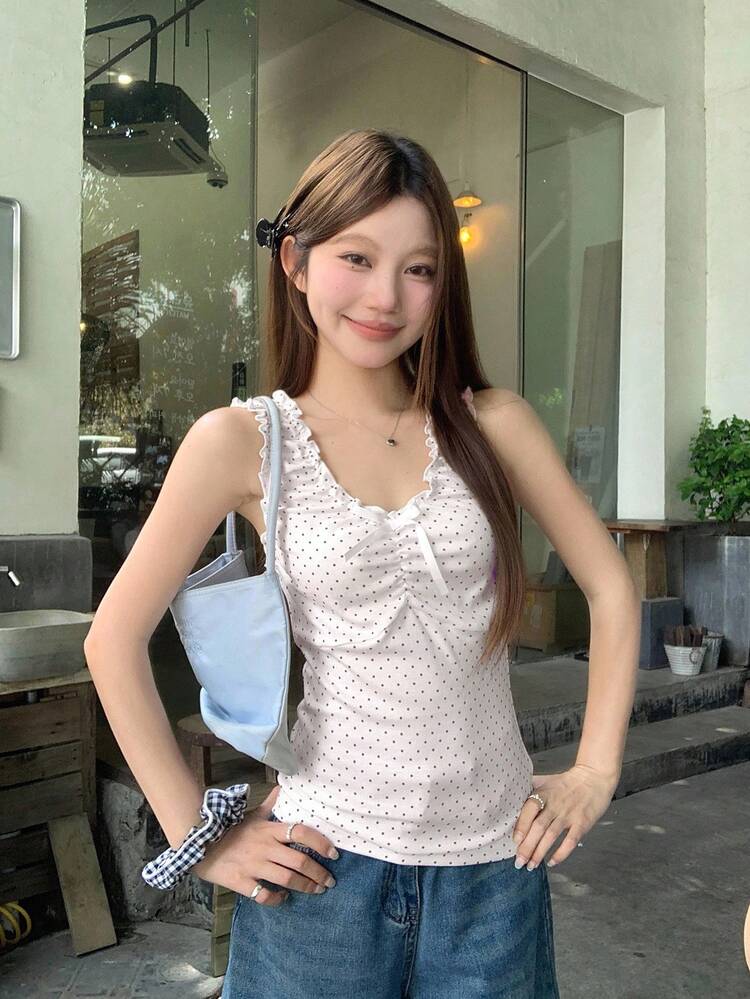 Women's Korean Style Polka Dot Elegant Sleeveless Bow Blouse