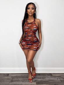 BamGleam Summer New Music Festival Street Sexy Sheer Lip Print Mini Skirt Dress For Women,Street Photography, Music Festival Parties - Multicolor - View 6