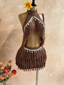 Soleia Women's Sequin Halter Knit Top And Knitted Mini Skirt Set, Summer, Ibiza Style, Holiday Vacation Sexy Festival Celebration, Autumn/Winter Shell 2 Pieces Set - Khaki - View 4