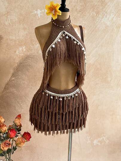 Soleia Women's Sequin Halter Knit Top And Knitted Mini Skirt Set, Summer, Ibiza Style, Holiday Vacation Sexy Festival Celebration, Autumn/Winter Shell 2 Pieces Set