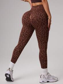 Dewbera Seamless High Elasticity Leopard Print Criss-Cross Waist Sports Leggings For Yoga Workout - Brown - View 7