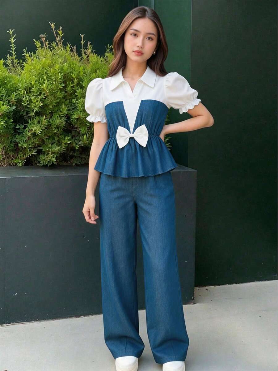 SHEIN 少女夏季休闲日常通勤泡泡袖蝴蝶结装饰二合一荷叶边上衣和阔腿裤套装 - 藍色 - 查看 1