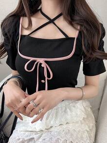 FRIFUL 女士撞色滚边羊腿袖交叉前襟T恤，时尚夏季款 - 黑色 - 查看 1