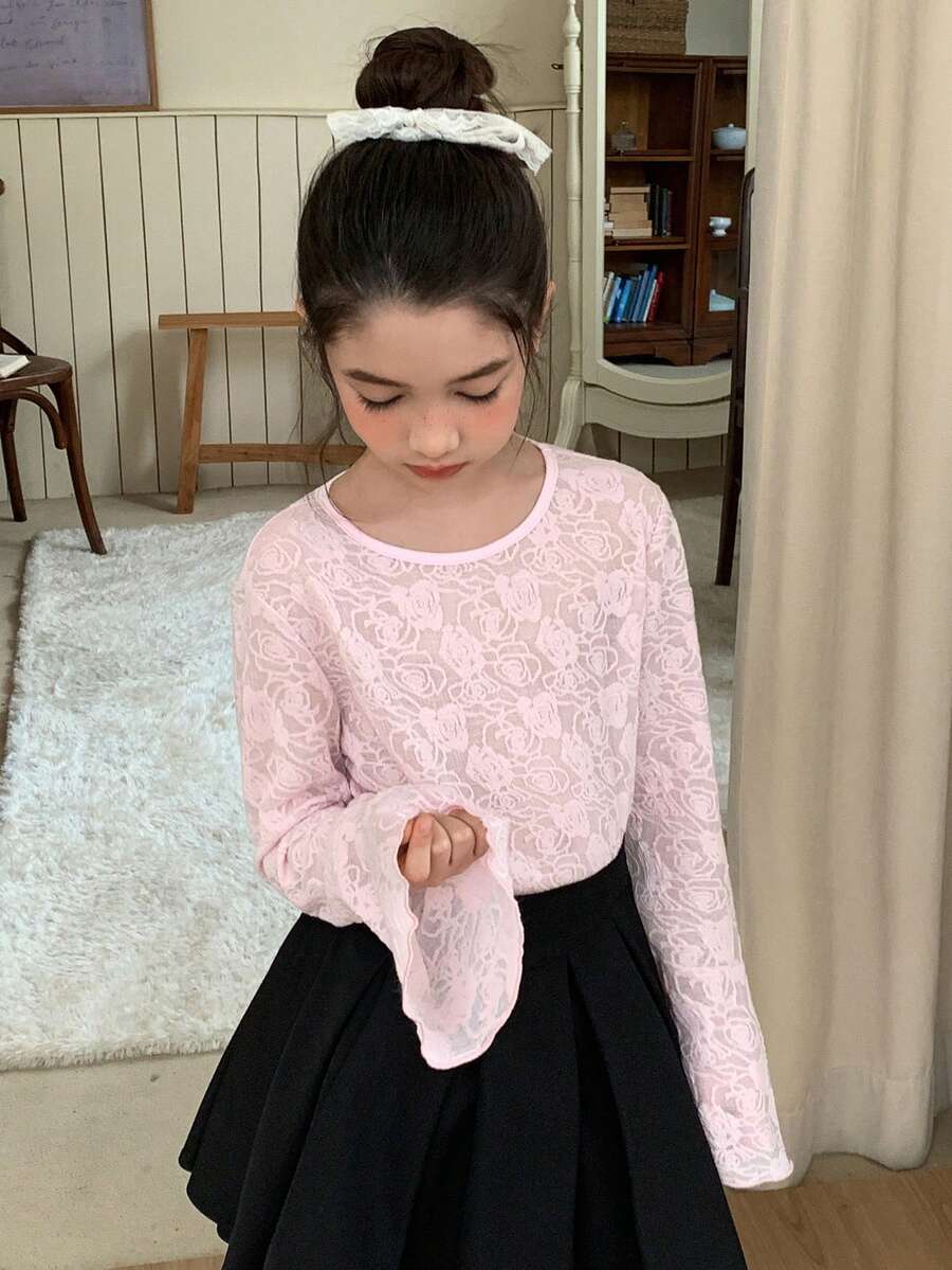 DAZY Tween Girls Round Neck Lace Fabric Fitted Flare Sleeve T-Shirt, Fall - Pink - View 1