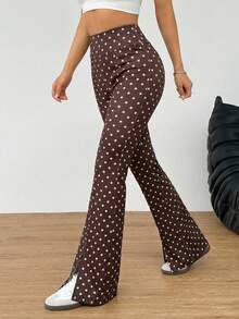 SHEIN EZwear Quần ống loe cạp cao chấm bi dành cho nữ, kiểu dáng thường ngày, đa năng, thích hợp đi làm. - Cà phê nâu - Xem 3