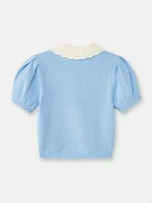 lacRébo Áo khoác cardigan ngắn tay ôm sát màu xanh dương thêu họa tiết, cổ áo viền ren trắng, kiểu dáng dễ thương mùa xuân hè, phong cách Pháp, Paris. - Màu xanh lam - Xem 9