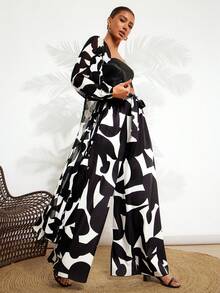 Gownix Women's 2 Pieces Set Zebra Print Outfits,Casual White And Black Wide Leg Pants Set,Bohemian Vacation Holiday Autumn Resort Wear Beach Cover Up Outfit - Black and White - View 10