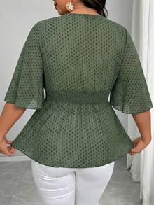 Elenzga 大码褶皱荷叶袖短袖喇叭腰雪纺印花衬衫 - 綠色 - 查看 2