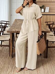 Weeklong Plus Size Solid Color Minimalist Daily Short Sleeve Top And Pants 2 Pieces Set - Light Yellow - View 1