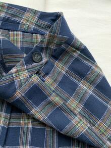 SHEIN EZwear 蓝色格子百褶中长裙，女士休闲纽扣百褶拉链迷你修身自然多色格子裙，非常适合春夏日常休闲穿着。 - 藍色 - 查看 7