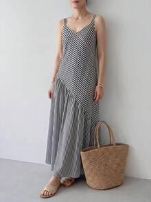 EMERY ROSE Women's Casual Striped Asymmetric Hem Dress, Summer - Black and White - View 6