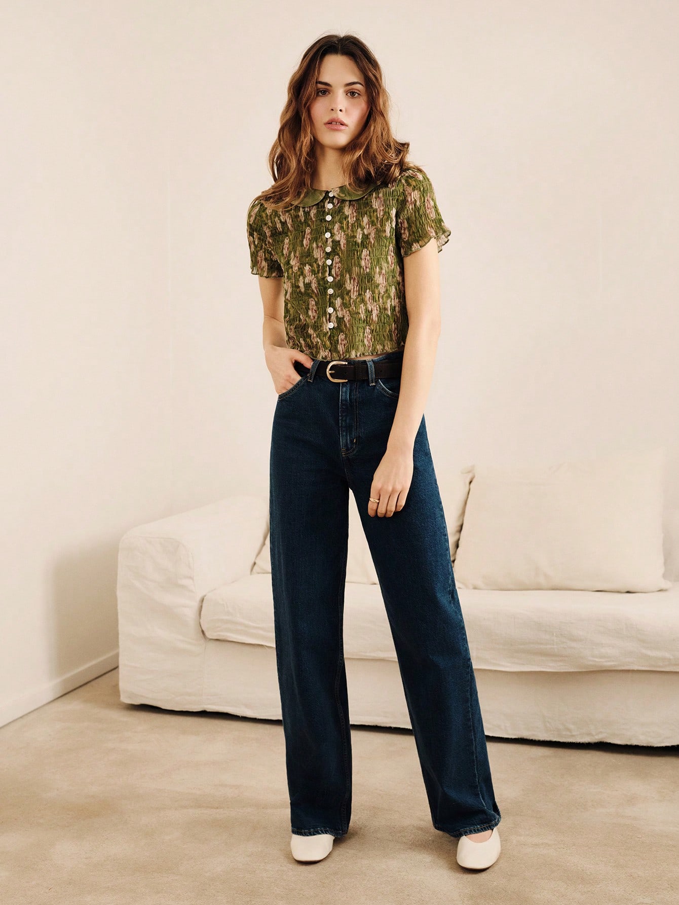 Green Short Sleeve Gathered Crop Top With Baby Doll Collar Spring Summer Vacation French Style Parisian Style Cute Top Going Out Office Cute Vintage Top