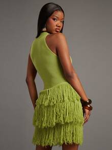 NYA SZN 女士纯色露背流苏优雅腰身针织派对连衣裙 - 綠色 - 查看 2