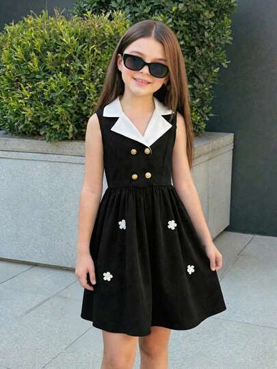 Serisse Kids Tween Girls' Elegant Casual Cute Black & White Contrast Color Bow Collar Sleeveless A-Line Dress