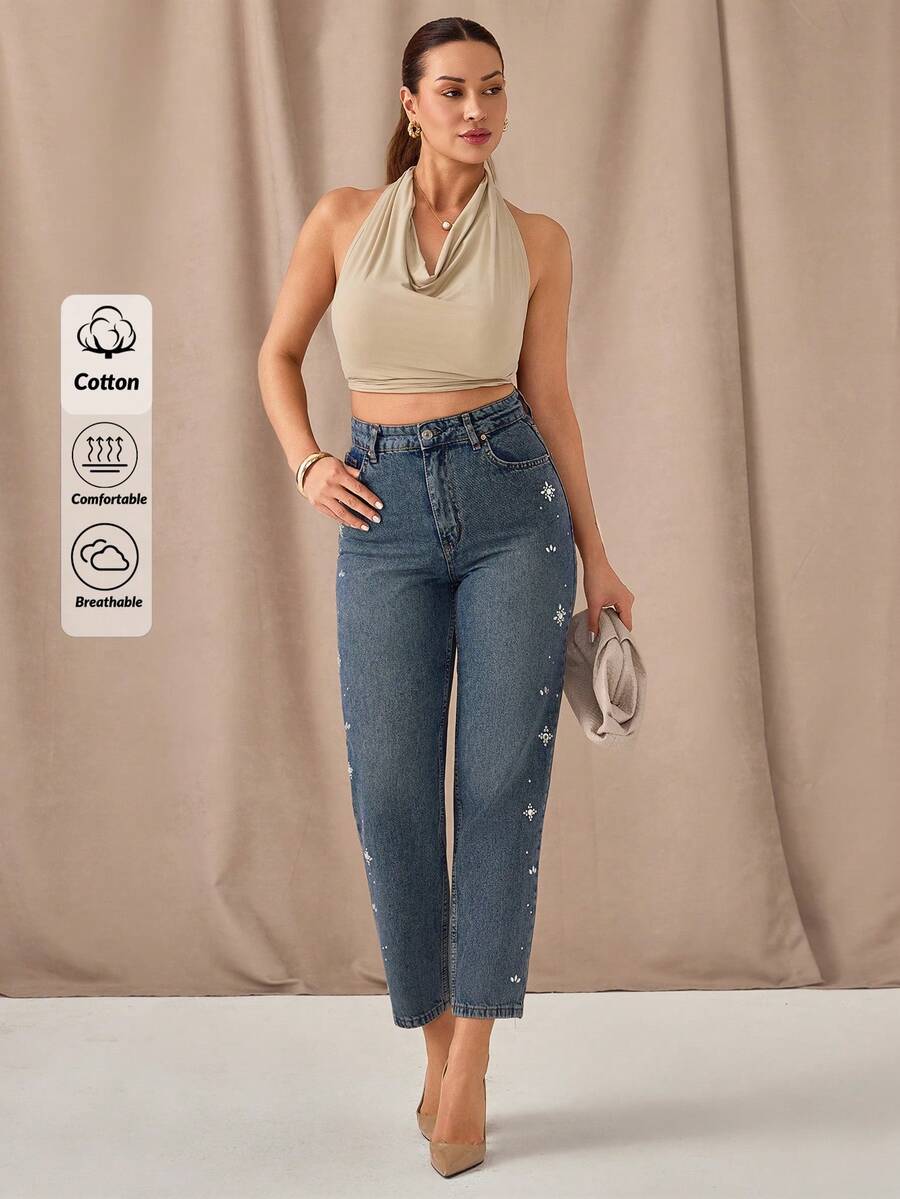 SHEIN Rhinestone Floral Details, Mom Fit, Relaxed, High Waist, Denim Pants, Jeans - Medium Wash - View 1