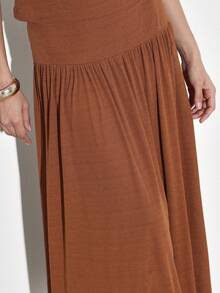 KSTM Off Shoulder Brown Wide Waistband Maxi Dress With Ruched Bodice And Flowing A-Line Silhouette For Evening Occasions - Brown - View 6