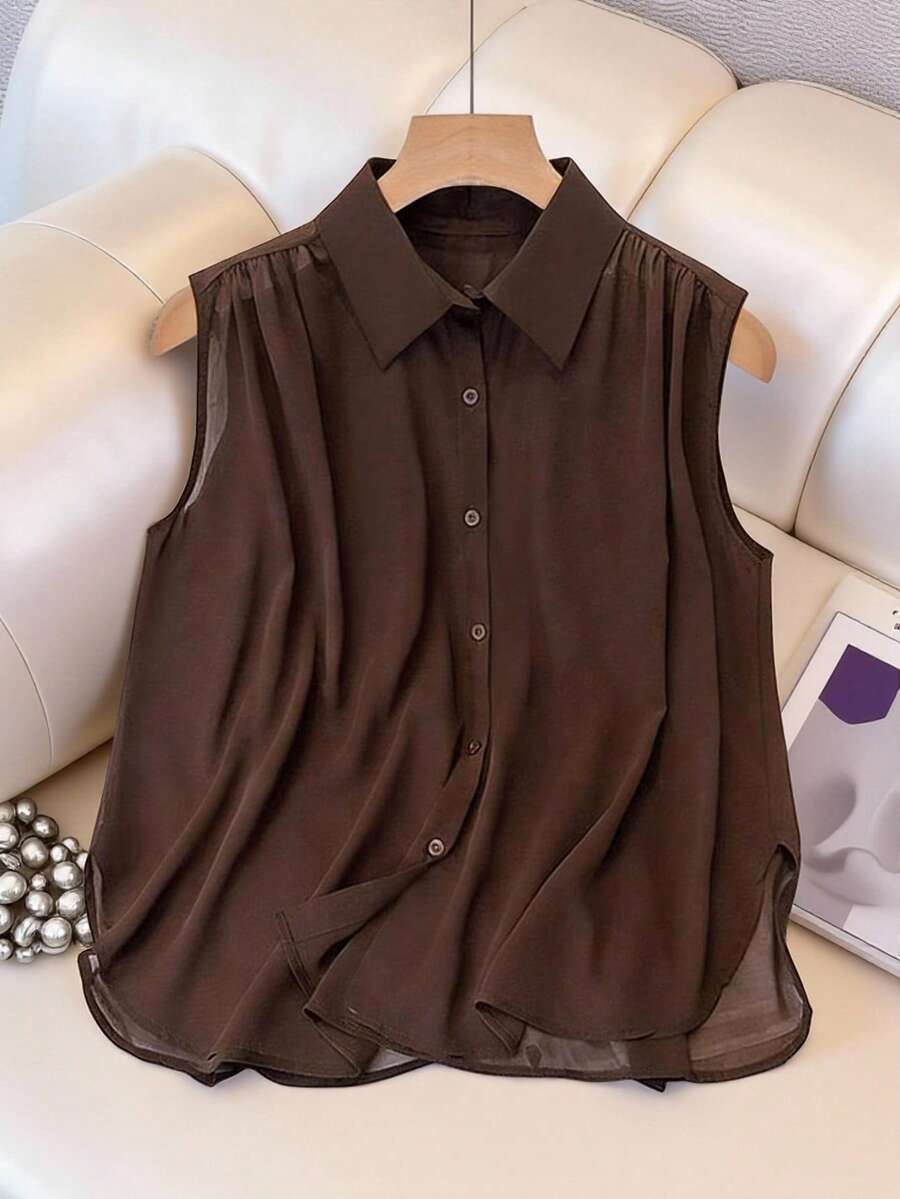 GlowEve 咖啡棕色无袖褶皱薄纱休闲宽松女式衬衫 - 咖啡棕 - 查看 1