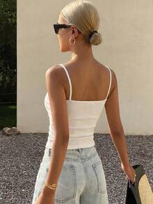 DAZY 女士方领修身罗纹吊带背心，夏季 - 白色 - 查看 3