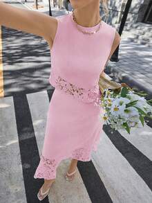 Opuloom Áo không tay phối ren mới, kết hợp với chân váy midi thắt eo, thích hợp mặc hàng ngày, hẹn hò, tụ họp, đi làm, mùa xuân/hè. - Hồng - Xem 5