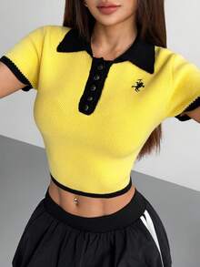 SHEIN 春夏新款翻领纽扣短袖撞色滚边提花修身休闲女式套头毛衣 - 彩色 - 查看 5